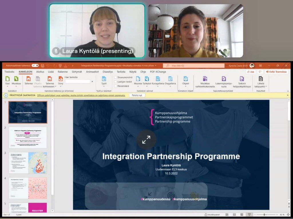 screenshot tapahtumasta, jossa esitellään kotoutumisen kumppanuusohjelmaa