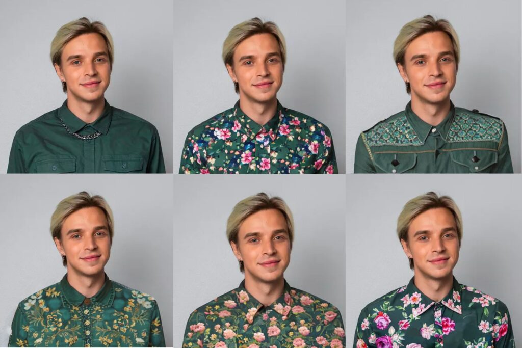 Kuusi kuvaa samasta henkilöstä, jonka paidan kuvitus vaihtelee
