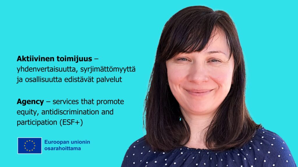 Kirjoittaja Lubica Vysnan kuva vaaleansinisellä taustalla, jossa hankkeen nimi ja ESR+ -logo.